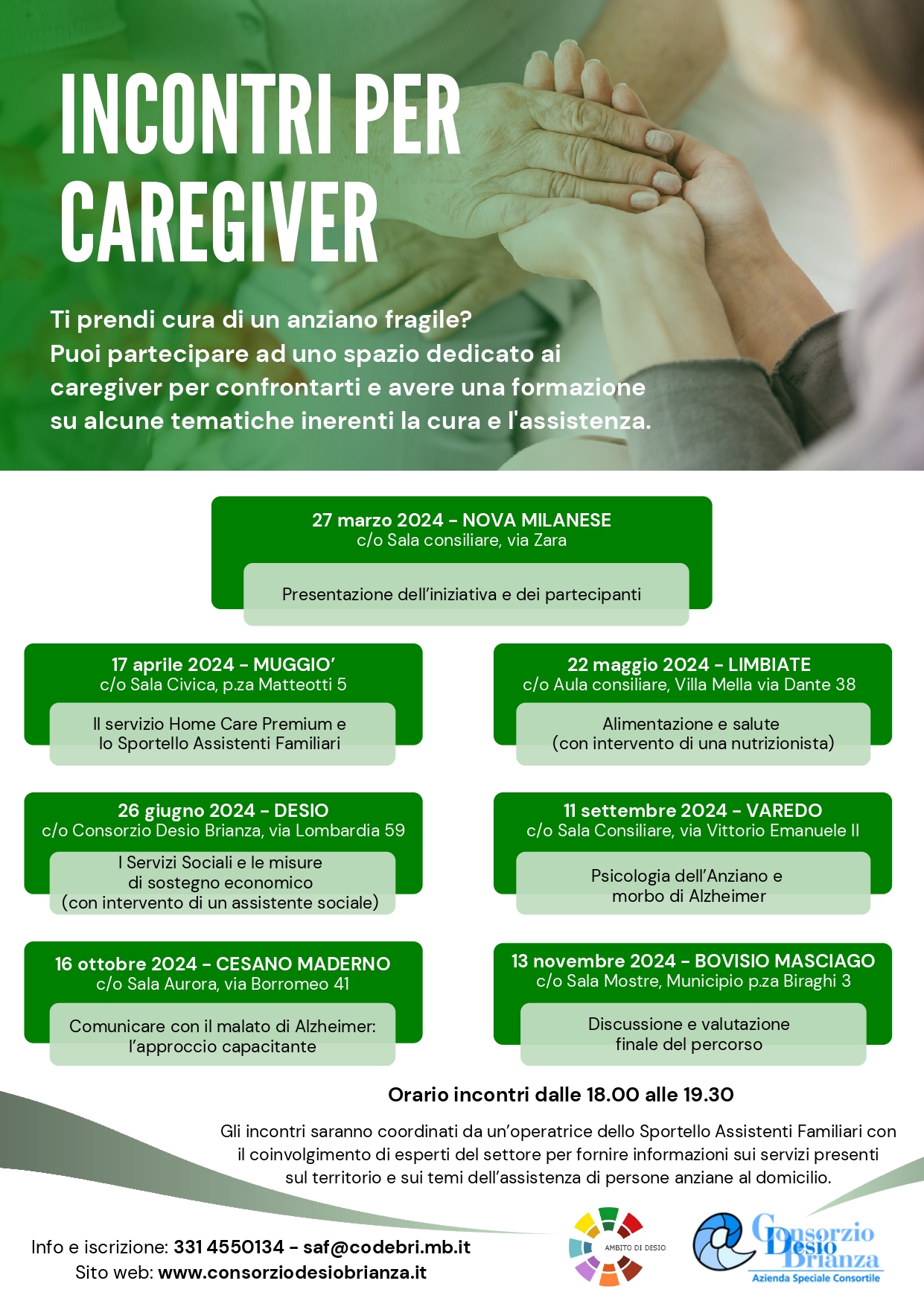 Ciclo di incontri gratuiti per caregiver di persone anziane - 17.04.2024 presso il Comune di Muggiò